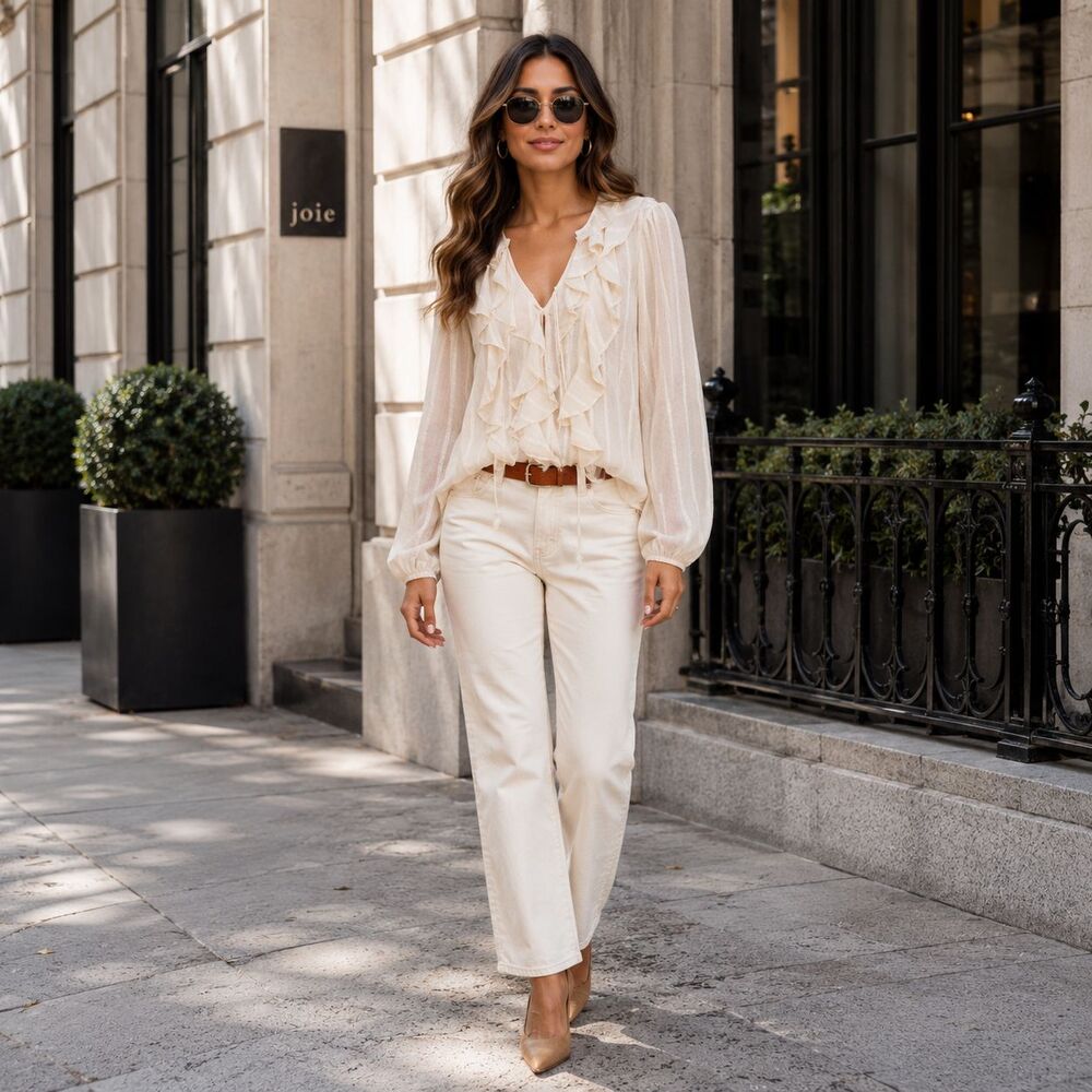 Joie Cream Ruffle V-Neck Long Sleeve Blouse